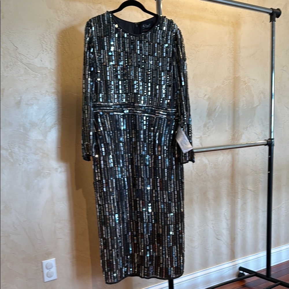 Macduggal dark gray sequin maxi dress 16 NWT